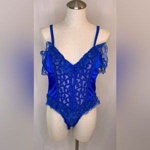 Vintage blue satin lingerie one piece lace teddy ruffles sheer paneling S NEW